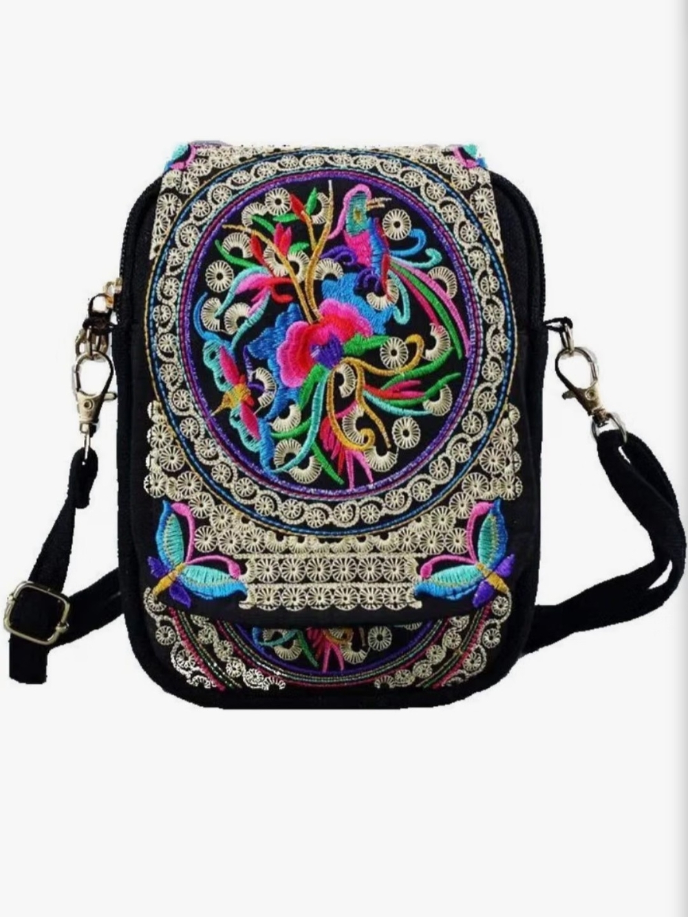 New Boho Embroidered Crossbody Bag - Black with Multicolor Embroidery